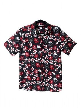 Roody Mens Black Red White Skull Hawaiian Floral Button Down Shirt‎ Size Medium